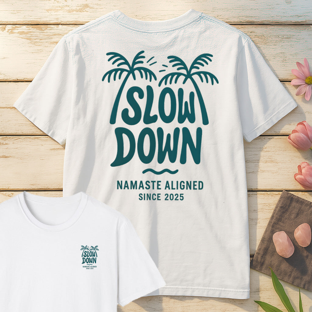 Slow Down Namaste Aligned T-Shirt Mockup coral-silk