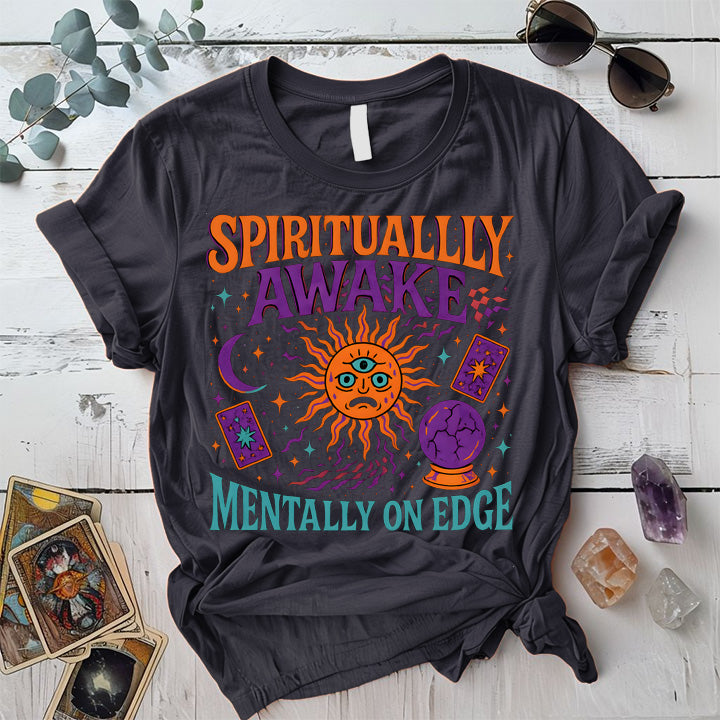 Spiritually Awake Mentally On Edge T-Shirt Mockup Dark Heather Grey