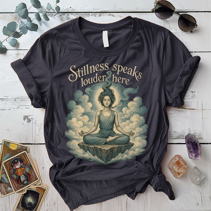 Stillness Speaks Louder Here T-Shirt Mockup Dark Heather Grey