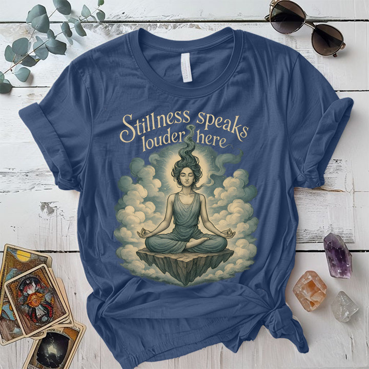 Stillness Speaks Louder Here T-Shirt Mockup Indigo Blue
