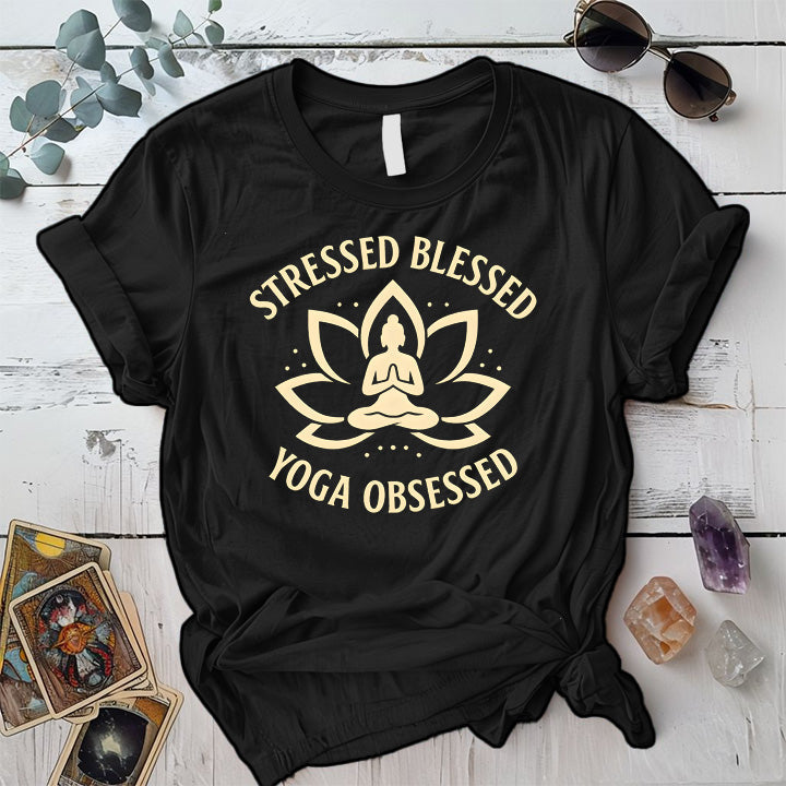 Stressed Blessed Yoga Obsessed T-Shirt Mockup Black