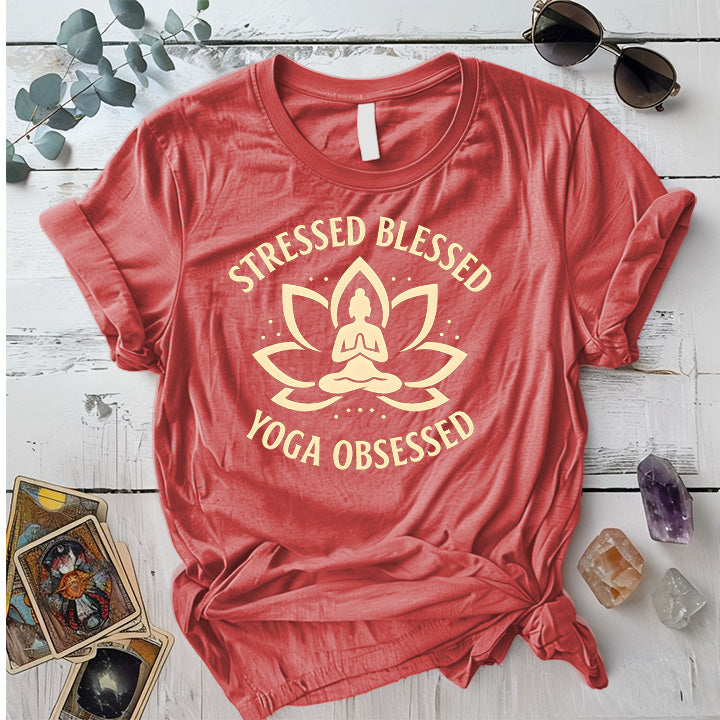 Stressed Blessed Yoga Obsessed T-Shirt Mockup Coral Silk
