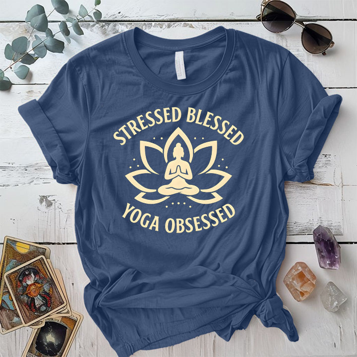 Stressed Blessed Yoga Obsessed T-Shirt Mockup Indigo Blue