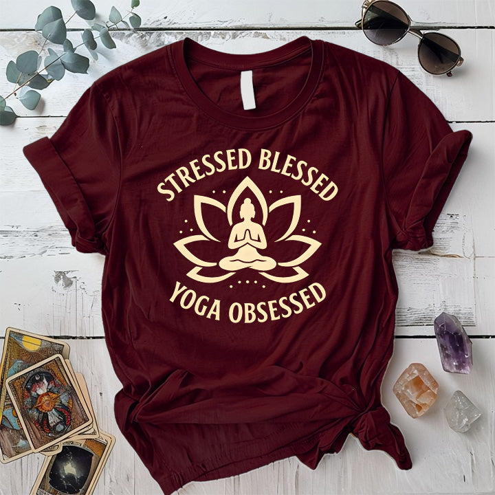 Stressed Blessed Yoga Obsessed T-Shirt Mockup Maroon