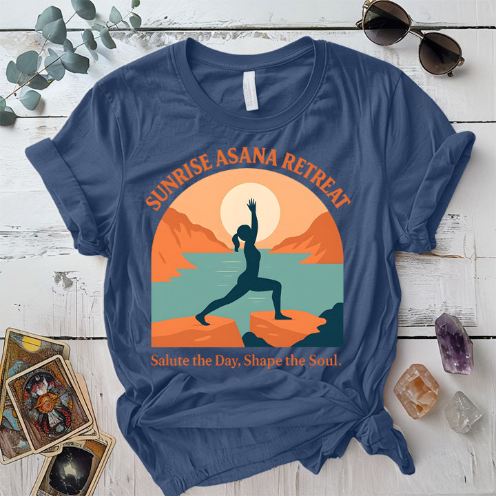 Sunrise Asana Retreat T-Shirt Mockup Indigo Blue