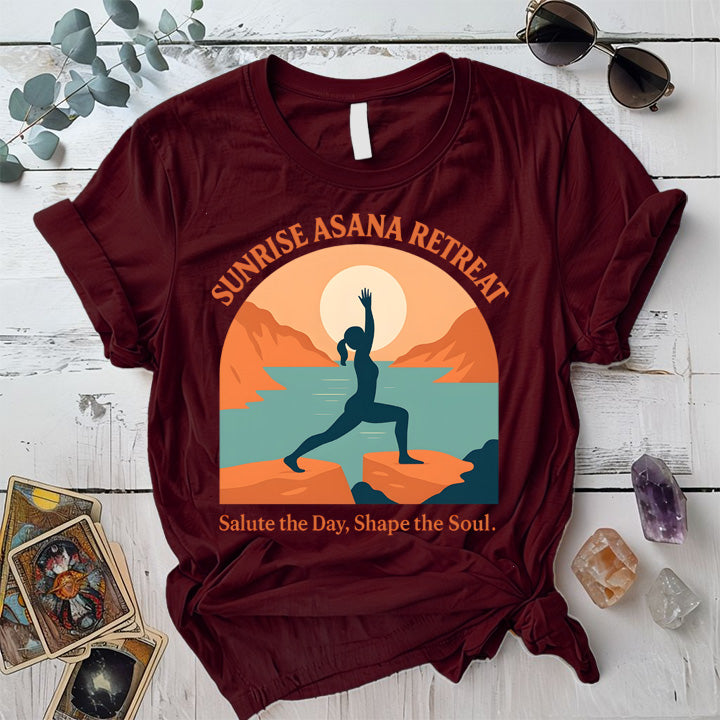 Sunrise Asana Retreat T-Shirt Mockup Maroon