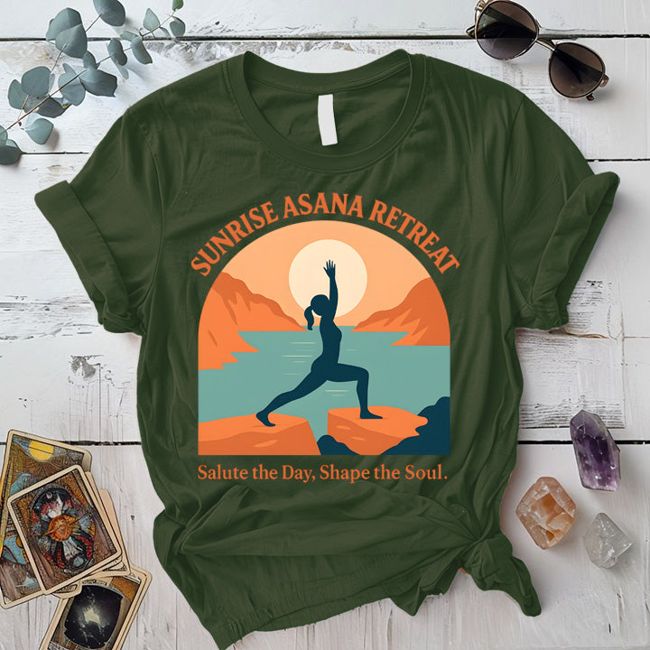 Sunrise Asana Retreat T-Shirt Mockup Military Green