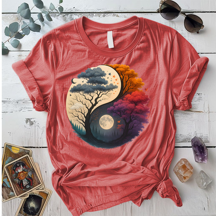 Twilight Dreamscape Yin-Yang T-Shirt Mockup Coral Silk