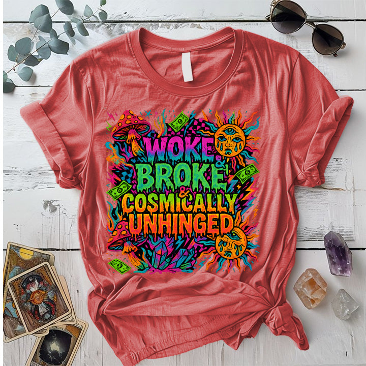 Woke Broke and Unhinged T-Shirt Mockup Coral Silk