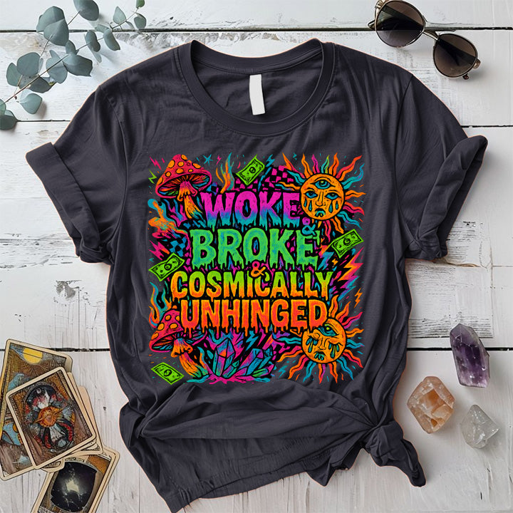 Woke Broke and Unhinged T-Shirt Mockup Dark Heather Grey