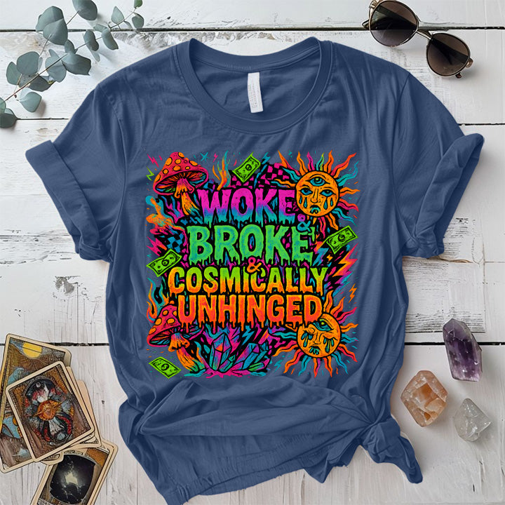 Woke Broke and Unhinged T-Shirt Mockup Indigo Blue