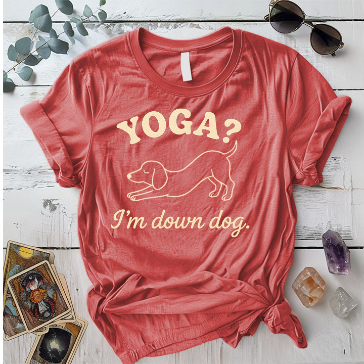 Yoga I'm Down Dog T-Shirt Mockup Coral Silk