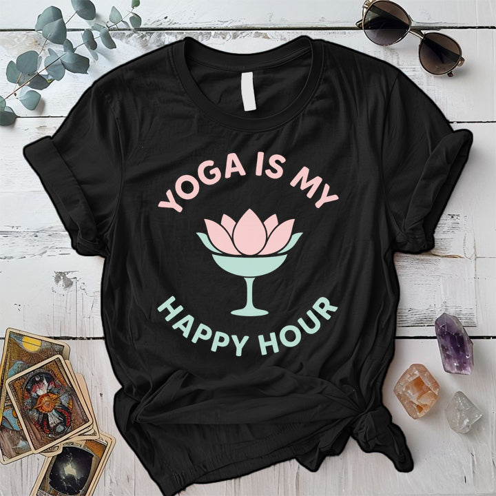 Yoga Is My Happy Hour Glass T-Shirt Mockup Black
