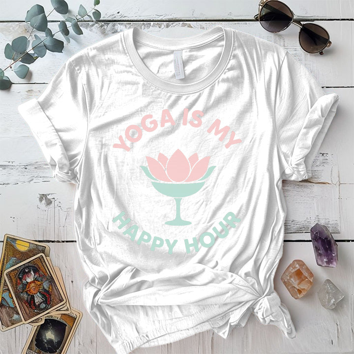 Yoga Is My Happy Hour Glass T-Shirt Mockup White