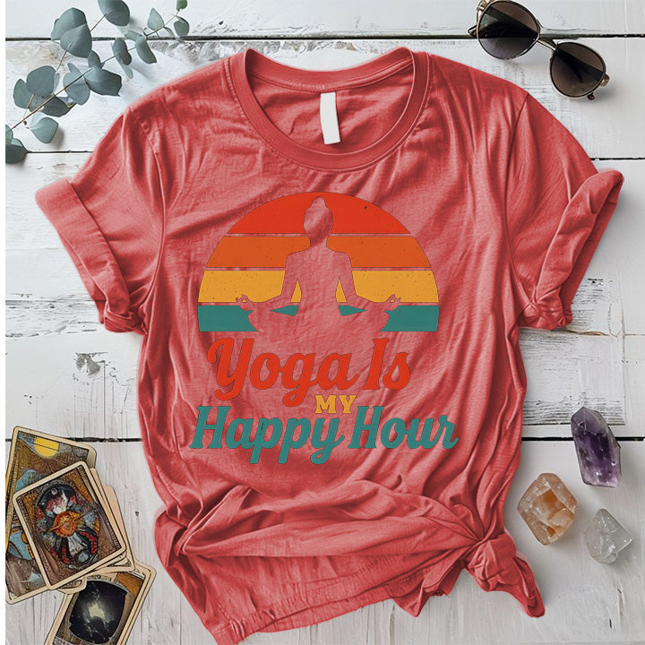 Yoga Is My Happy Hour Sunset T-Shirt Mockup Coral Silk