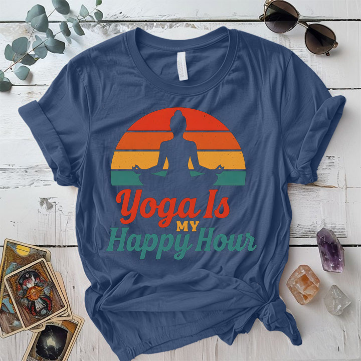 Yoga Is My Happy Hour Sunset T-Shirt Mockup Indigo Blue