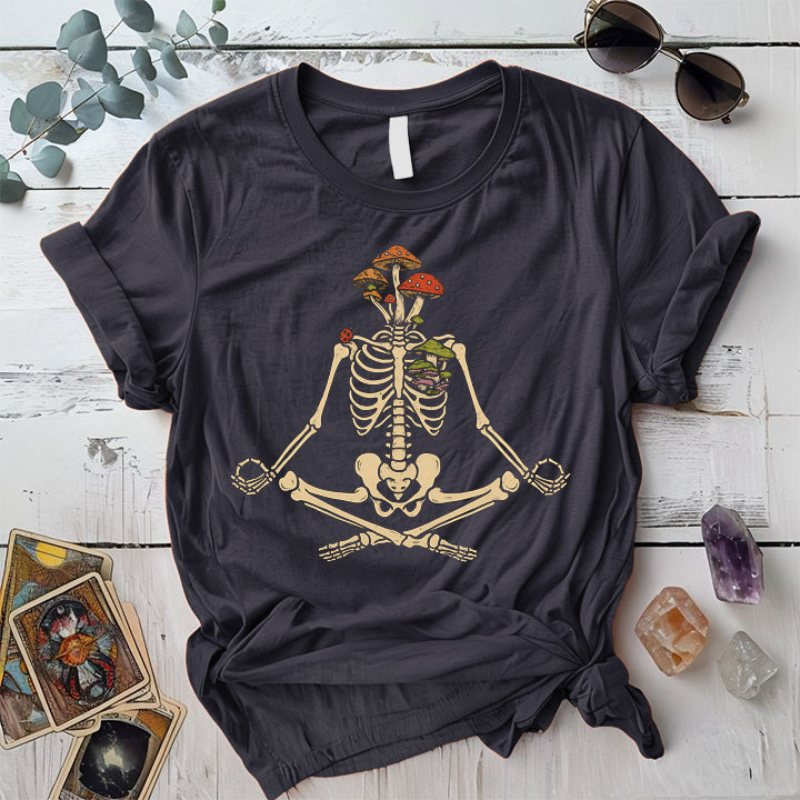 Yoga Mushroom Skeleton T-Shirt Mockup Dark Heather Grey