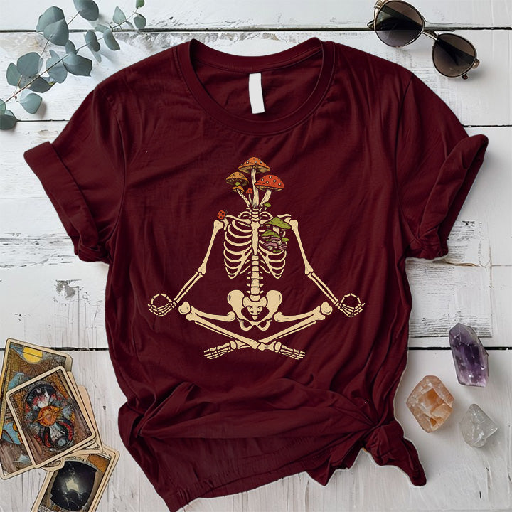 Yoga Mushroom Skeleton T-Shirt Mockup Maroon
