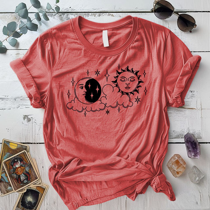 Boho Sun Moon T Shirt Coral Silk Mockup