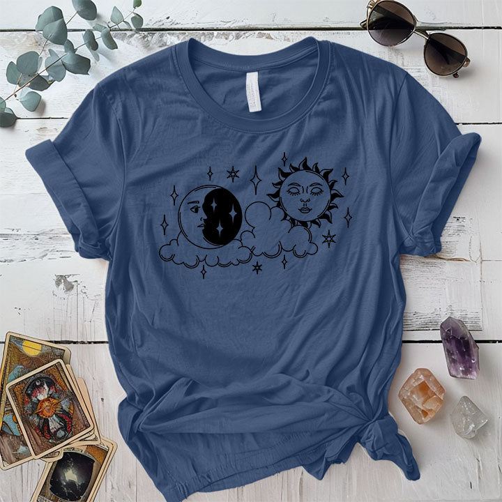 Boho Sun Moon T Shirt Indigo Blue Mockup