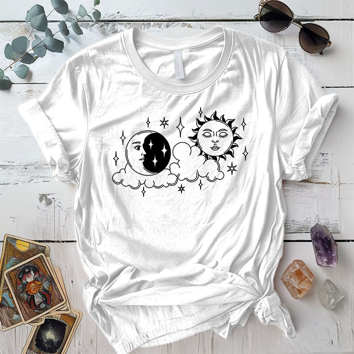 Boho Sun Moon T Shirt White Mockup