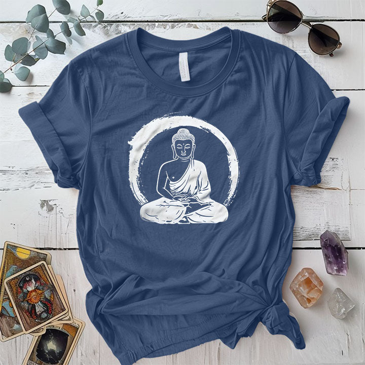 Buddha Enlightenment Circle T Shirt Indigo Blue Mockup