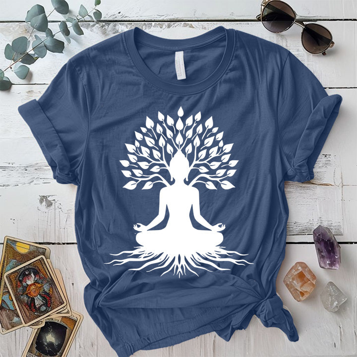 Buddha Tree T-Shirt Mockup Indigo Blue