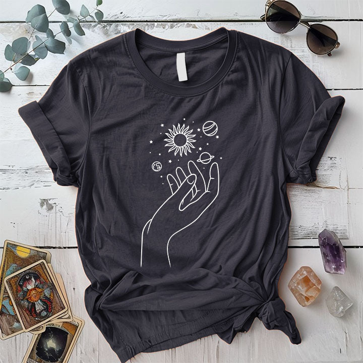 Celestial Hand T Shirt Dark Heather Grey Mockup