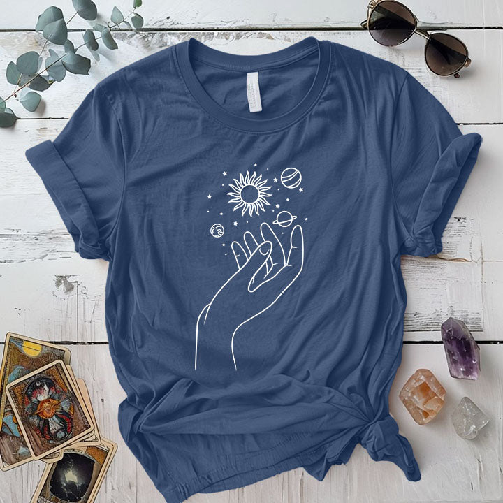 Celestial Hand T Shirt Indigo Blue Mockup