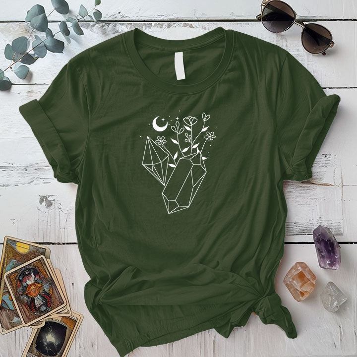 Crystals And Flowers T Shirt Military Green Mockup