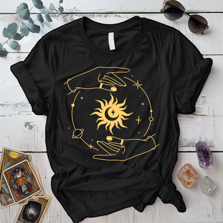 Golden Hands Boho Moon T Shirt 1 Black Mockup