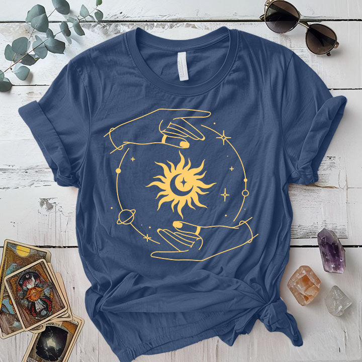 Golden Hands Boho Moon T Shirt 1 Indigo Blue Mockup