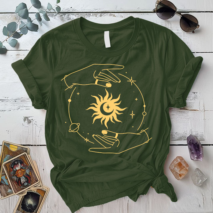 Golden Hands Boho Moon T Shirt 1 Military Green Mockup