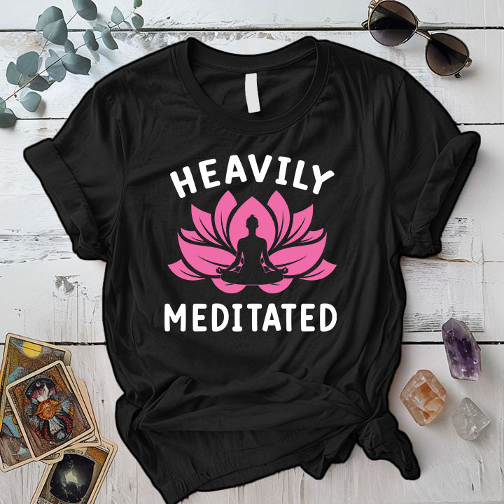 Heavily Meditated Pink Lotus T Shirt Black Mockup