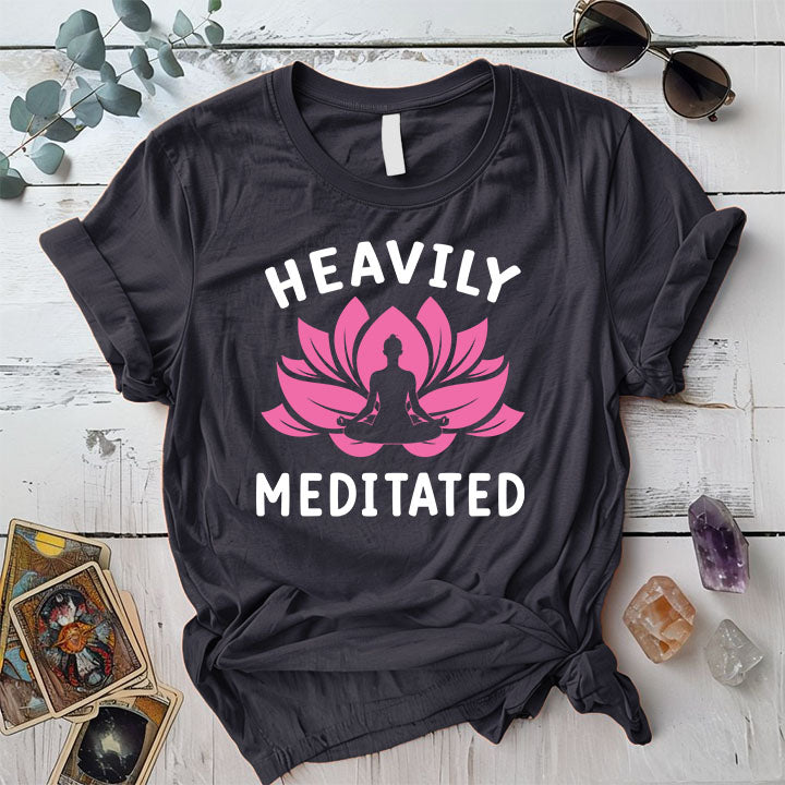 Heavily Meditated Pink Lotus T Shirt Dark Heather Grey Mockup