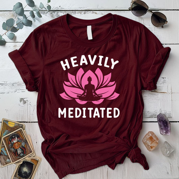 Heavily Meditated Pink Lotus T Shirt Maroon Mockup