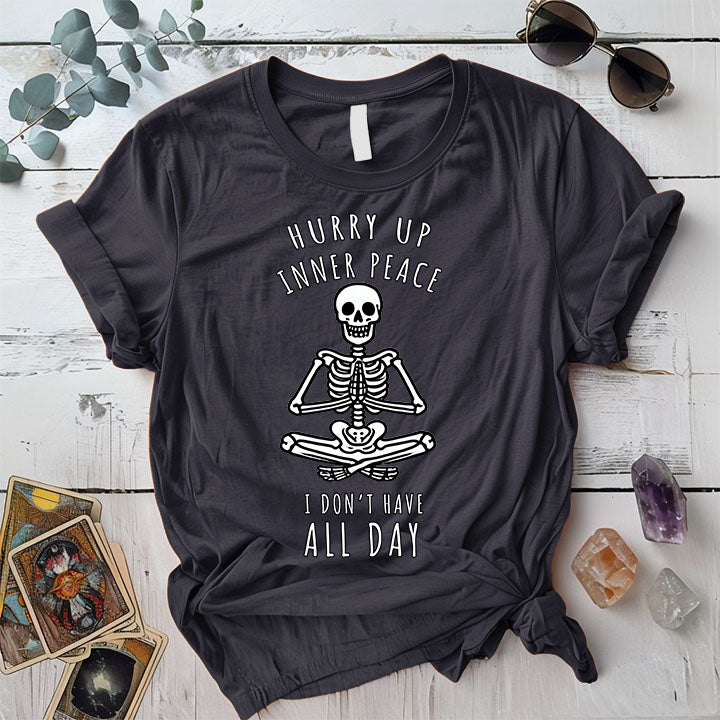 Hurry Up Inner Peace Skeleton T Shirt Dark Heather Grey Mockup
