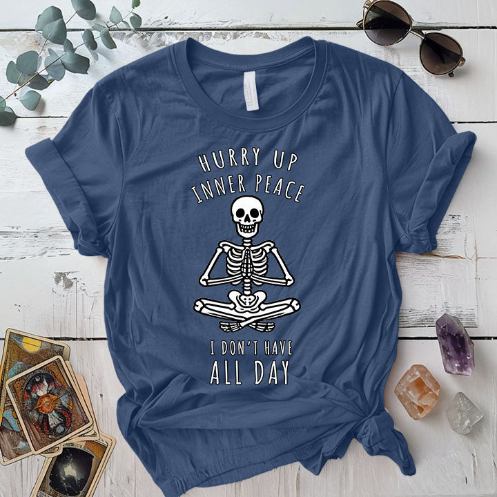 Hurry Up Inner Peace Skeleton T Shirt Indigo Blue Mockup