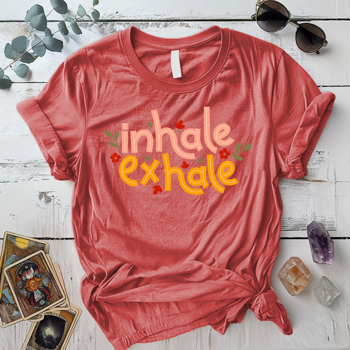 Inhale Exhale T Shirt Coral Silk Mockup