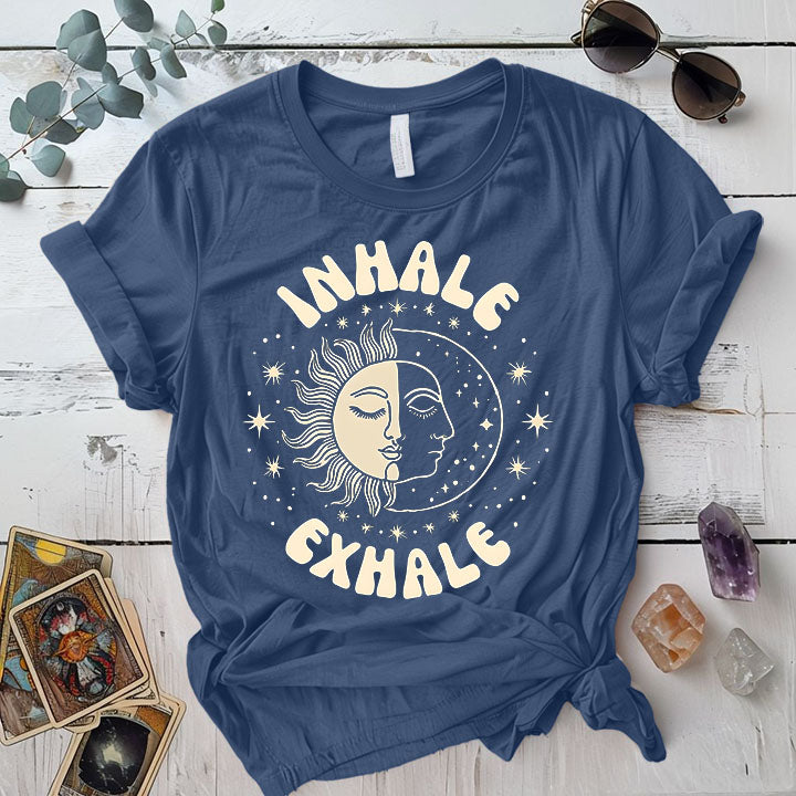 Inhale Exhale Celestial T-Shirt Mockup indigo-blue