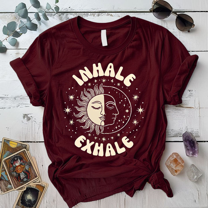 Inhale Exhale Celestial T-Shirt Mockup maroon