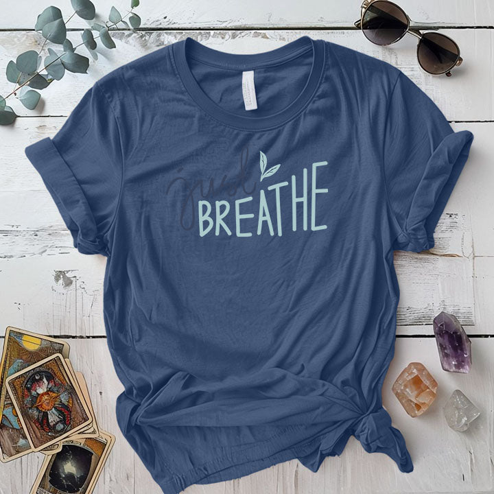 Just Breathe T Shirt Indigo Blue Mockup