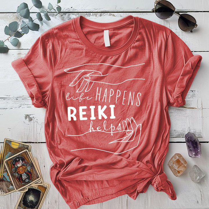 Life Happens Reiki Helps T Shirt Coral Silk Mockup