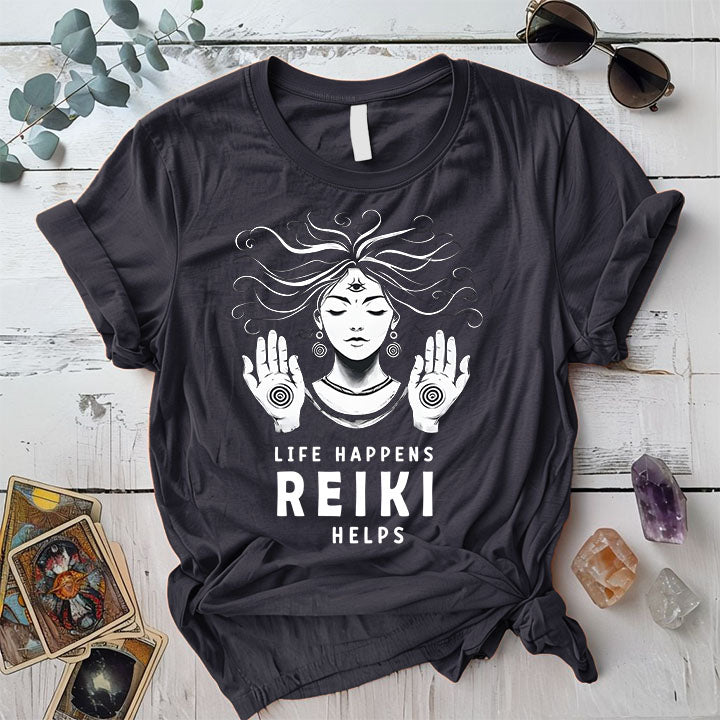 Life Happens Reiki Helps T Shirt Dark Heather Grey Mockup
