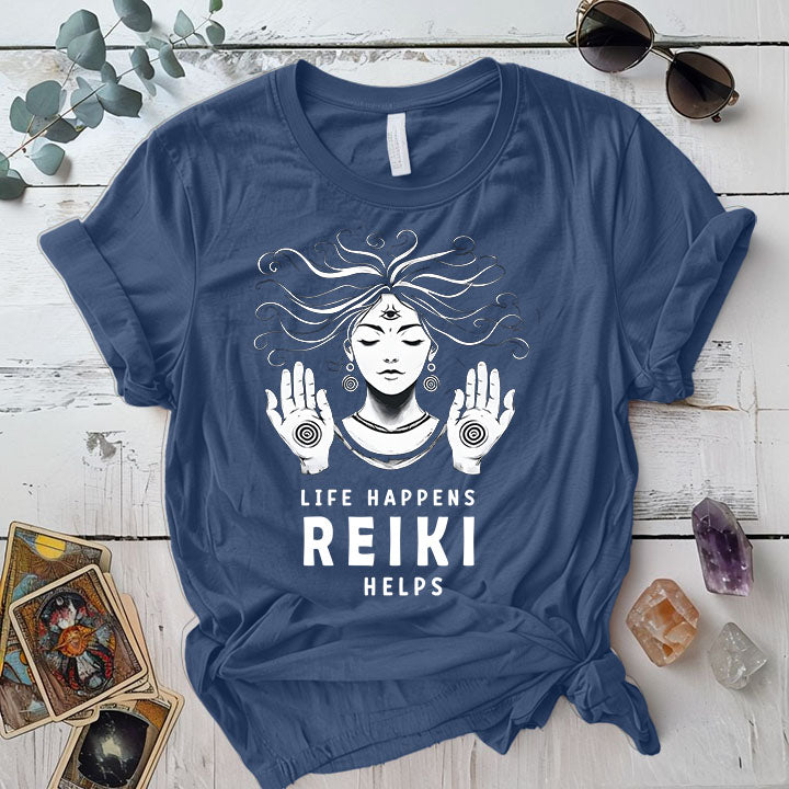 Life Happens Reiki Helps T Shirt Indigo Blue Mockup