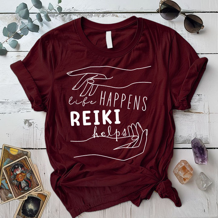 Life Happens Reiki Helps T Shirt Maroon Mockup