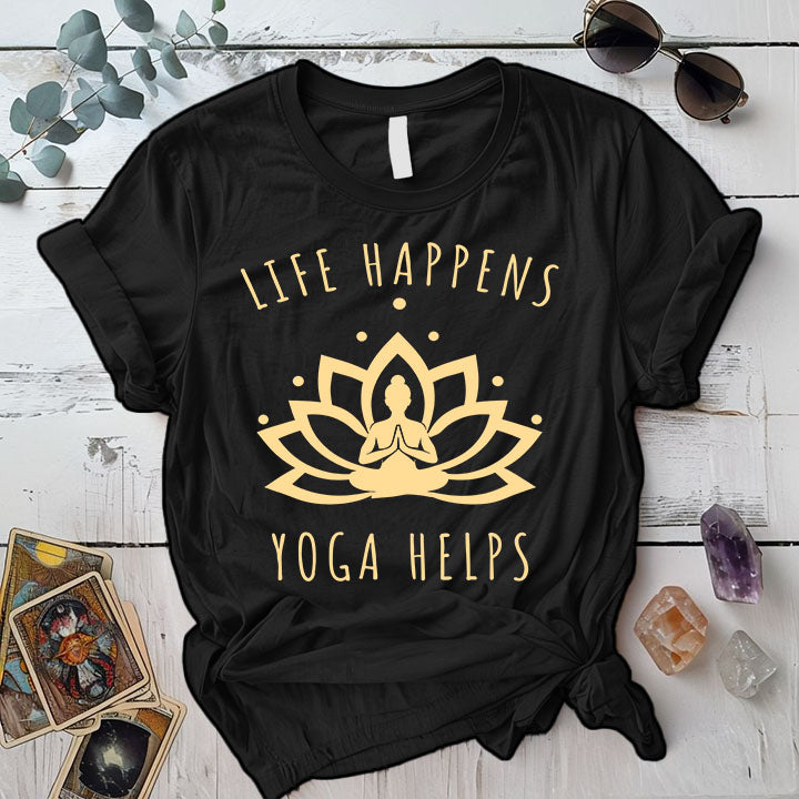 Life Happens Yoga Helps T Shirt Black Mockup