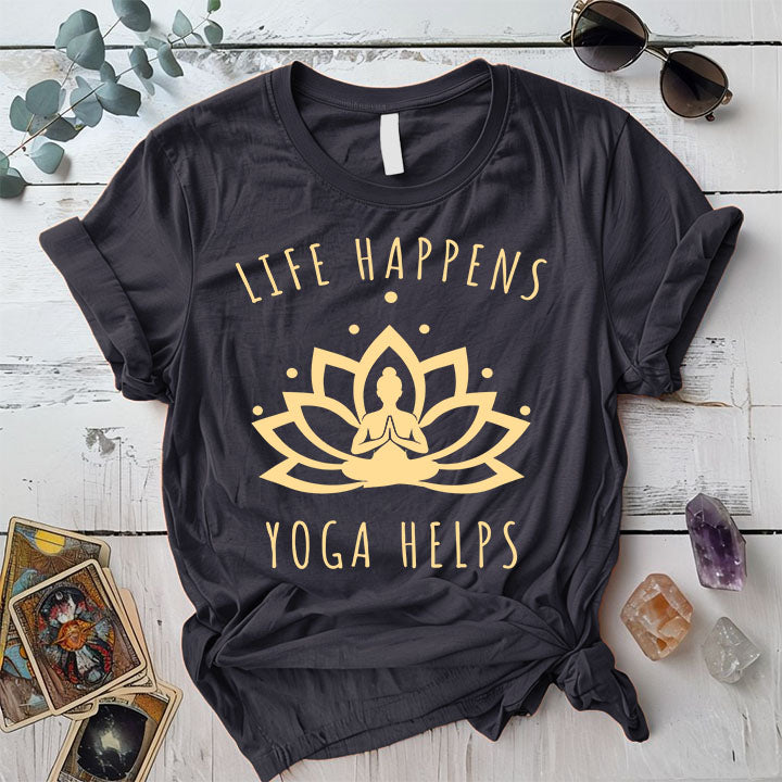 Life Happens Yoga Helps T Shirt Dark Heather Grey Mockup