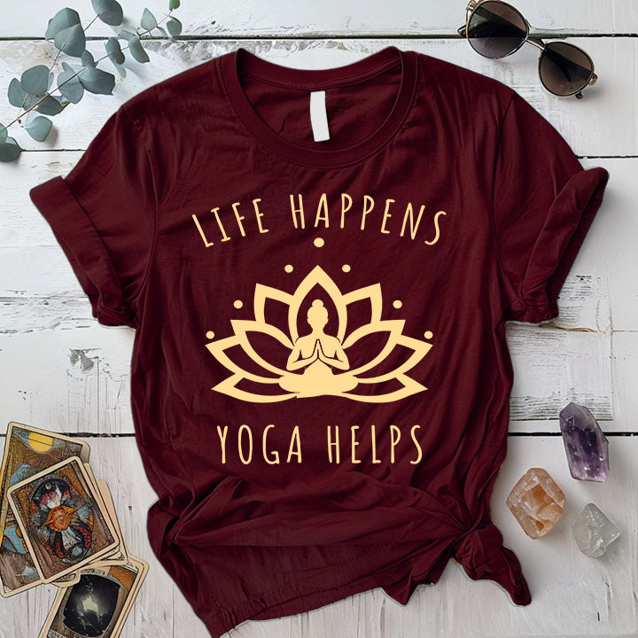 Life Happens Yoga Helps T Shirt Maroon Mockup