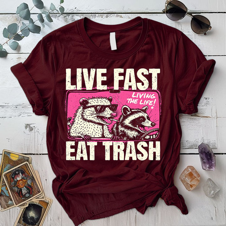 Live Fast Eat Trash T Shirt Maroon Mockup